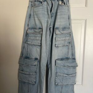 ZARA Wide Leg Cargo Jeans Light Wash Baggy Denim High Rise Size 2